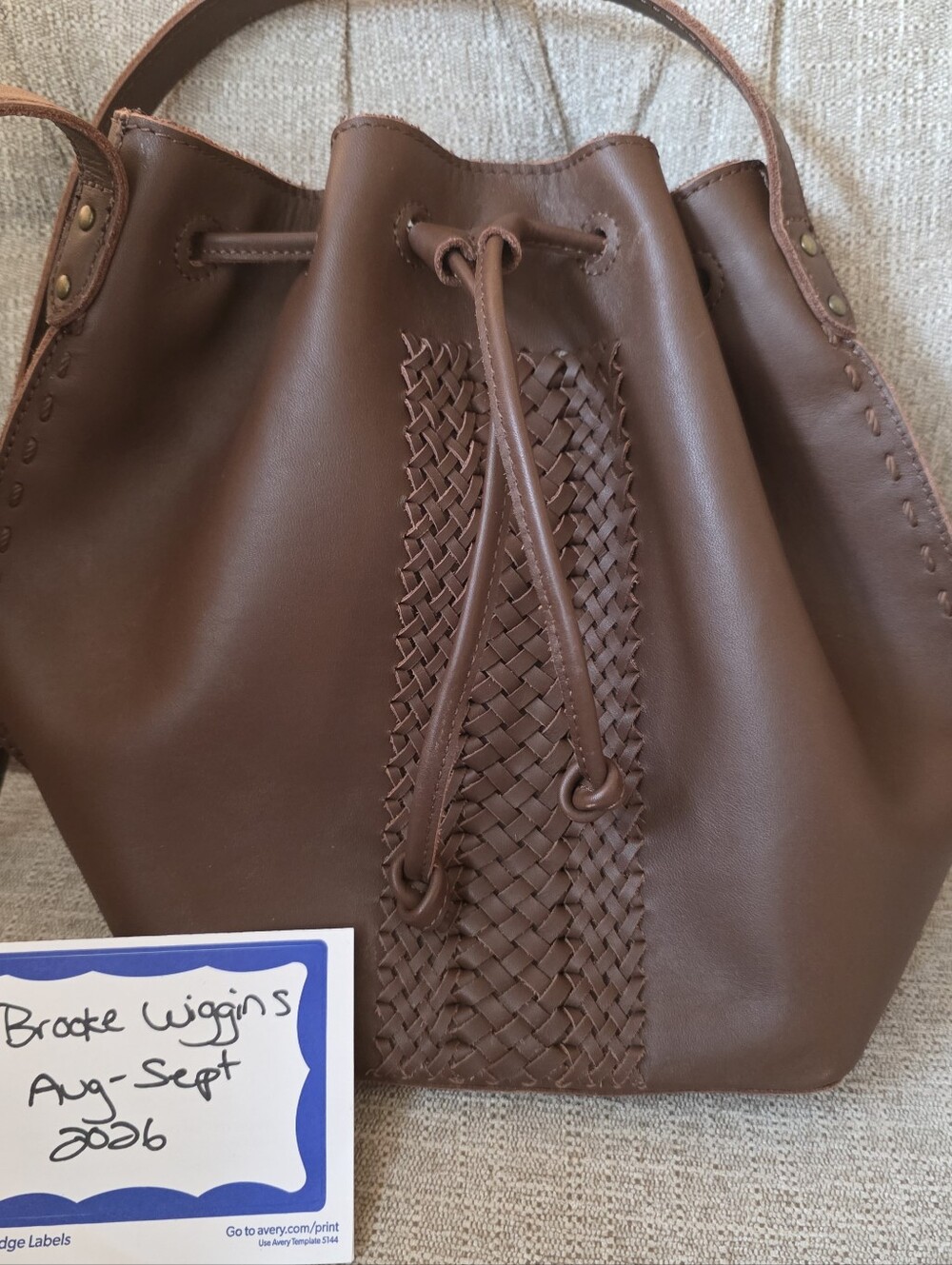 The Sak Ivy Brown Leather Bucket Drawstring Crossbody Bag Braided Woven Boho